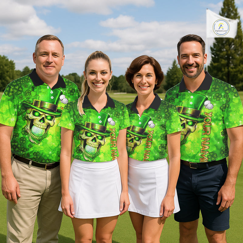 Funny Skull green shamrock pattern Golf Polo Shirts For Men Custom St Patrick's Day mens golf tops NQS11662