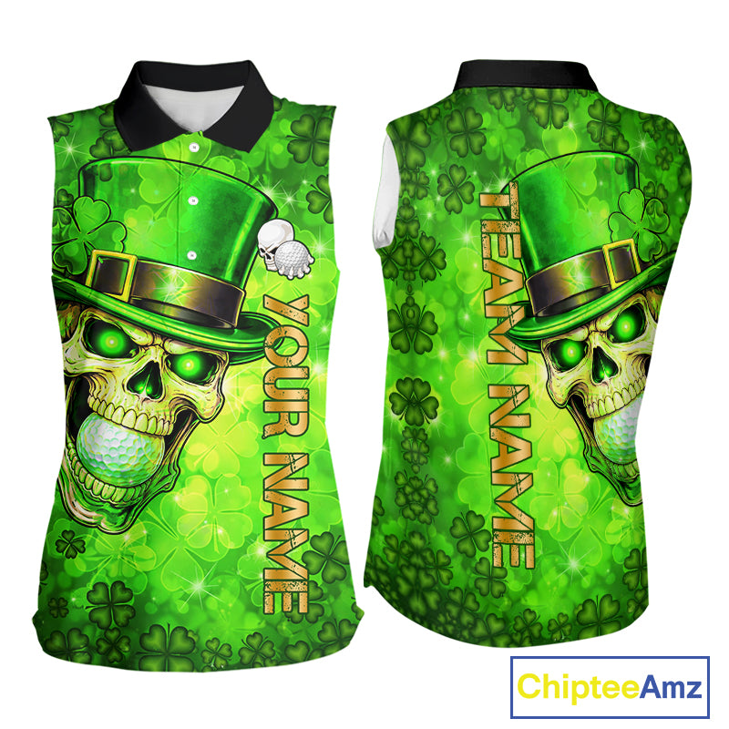 Funny Skull green shamrock pattern Sleeveless Golf Polo Shirt Custom St Patrick's Day ladies golf top NQS11662