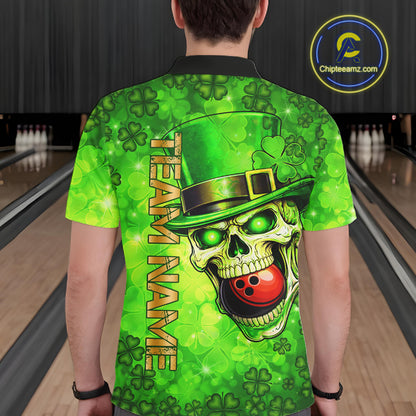 Funny Skull green shamrock pattern Bowling Shirt For Men Custom St Patrick's Day team bowling jerseys NQS11663