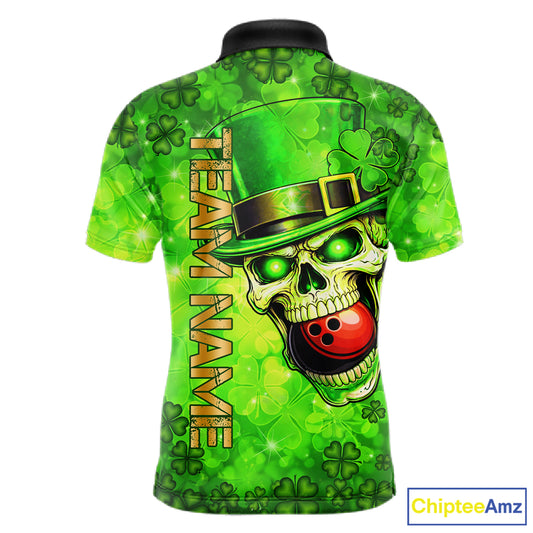 Funny Skull green shamrock pattern Bowling Shirt For Men Custom St Patrick's Day team bowling jerseys NQS11663