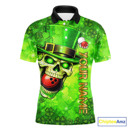 Funny Skull green shamrock pattern Bowling Shirt For Men Custom St Patrick's Day team bowling jerseys NQS11663