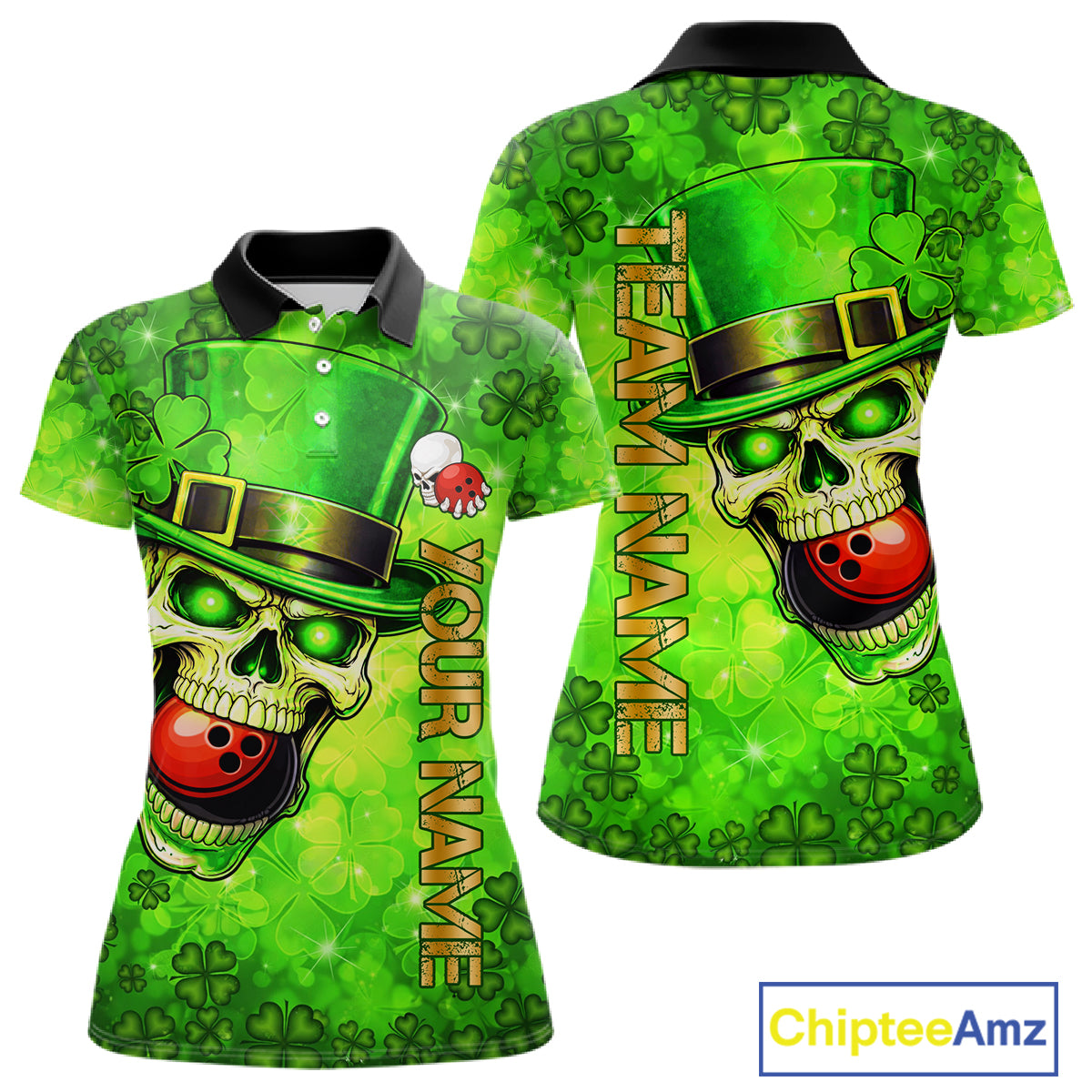 Funny Skull green shamrock pattern Bowling Shirt For Women Custom St Patrick Day team bowling jerseys NQS11663