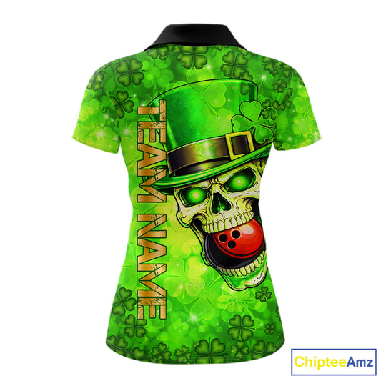 Funny Skull green shamrock pattern Bowling Shirt For Women Custom St Patrick Day team bowling jerseys NQS11663