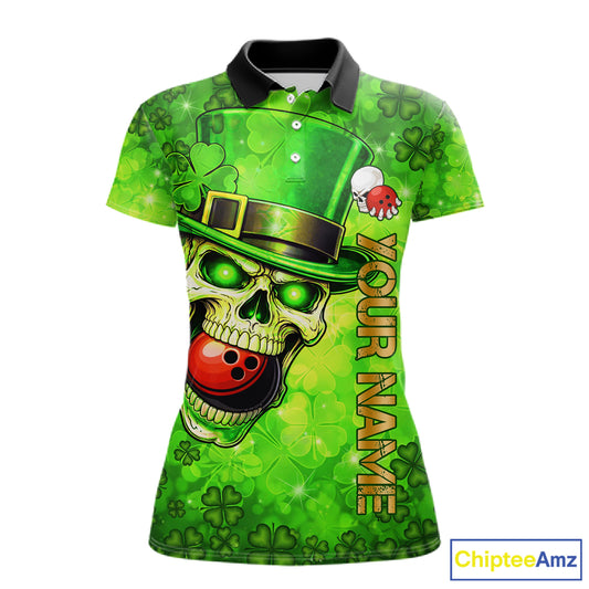 Funny Skull green shamrock pattern Bowling Shirt For Women Custom St Patrick Day team bowling jerseys NQS11663