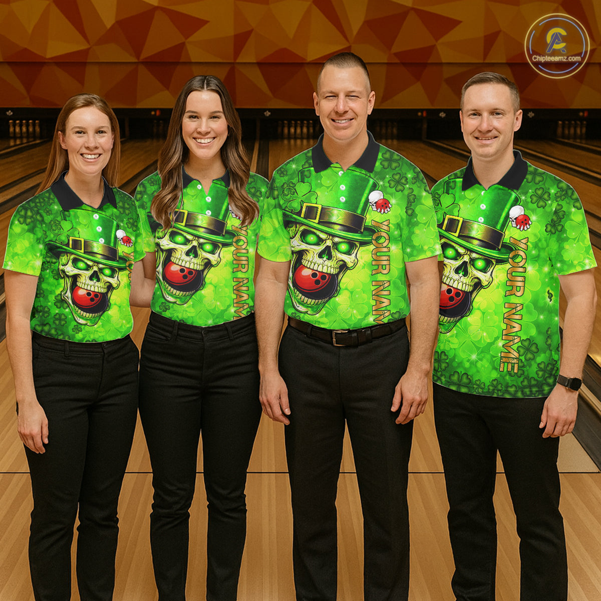 Funny Skull green shamrock pattern Bowling Shirt For Women Custom St Patrick Day team bowling jerseys NQS11663
