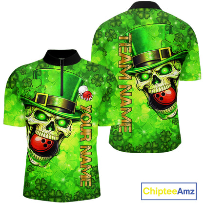Funny Skull green shamrock pattern Bowling Shirt For Men Custom St Patrick's Day team bowling jerseys NQS11663