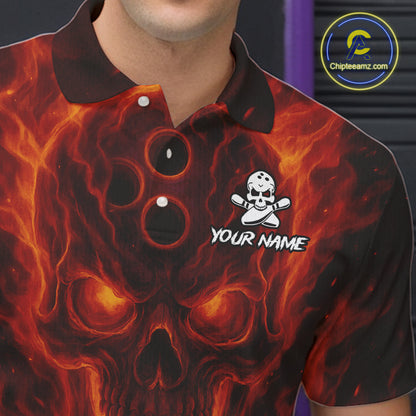 Custom Flame Skull Bowling Polo, Quarter Zip Shirt For Men, Skull Team Bowling League Jerseys NQS10676