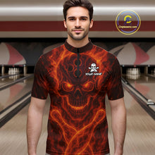 Load image into Gallery viewer, Custom Flame Skull Bowling Polo, Quarter Zip Shirt For Men, Skull Team Bowling League Jerseys NQS10676