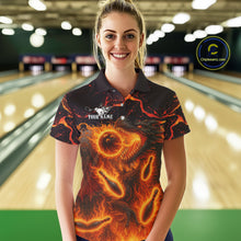 Load image into Gallery viewer, Black And Orange Flame Custom Dragon Bowling Shirts For Women, Dragon Team Bowling League Shirts NQS11071