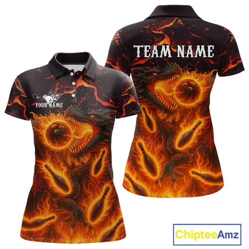 Black And Orange Flame Custom Dragon Bowling Shirts For Women, Dragon Team Bowling League Shirts NQS11071
