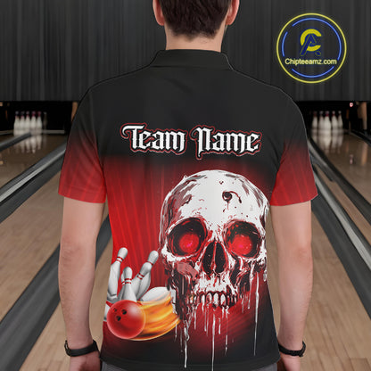 Black and Red Skull Bowling Polo, 1/4 zip shirts for Men Custom team bowling jerseys, Gift for bowler NQS11480
