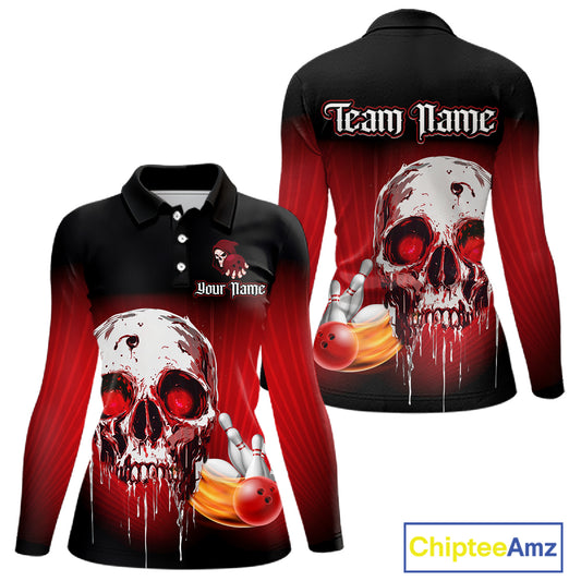 Black & Red Skull Bowling Polo, 1/4 zip shirts for Women Custom team bowling jerseys, Gift for bowler NQS11480