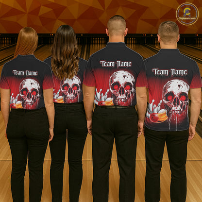 Black & Red Skull Bowling Polo, 1/4 zip shirts for Women Custom team bowling jerseys, Gift for bowler NQS11480