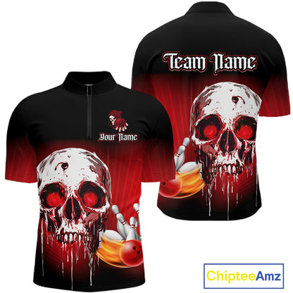 Black and Red Skull Bowling Polo, 1/4 zip shirts for Men Custom team bowling jerseys, Gift for bowler NQS11480
