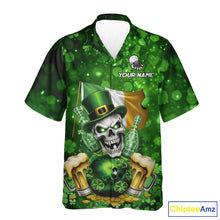 Load image into Gallery viewer, Custom Funny Skull Bowling and Beer Ireland Flag Green St Patrick Team Bowling Hawaiian shirts NQS11484