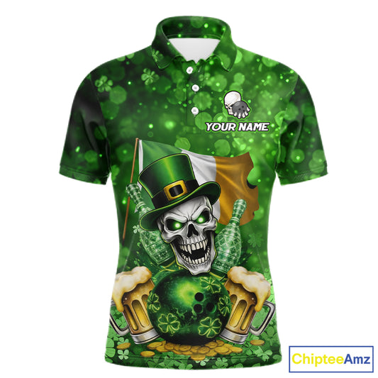 Custom Funny Skull Bowling and Beer Ireland Flag Green St Patrick Team Bowling Jerseys For Men NQS11484