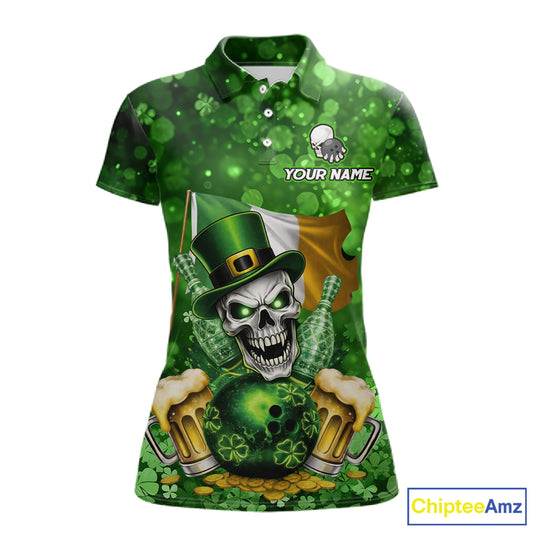 Custom Funny Skull Bowling and Beer Ireland Flag Green St Patrick Team Bowling Jerseys For Women NQS11484