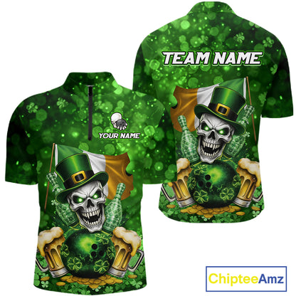 Custom Funny Skull Bowling and Beer Ireland Flag Green St Patrick Team Bowling Jerseys For Men NQS11484