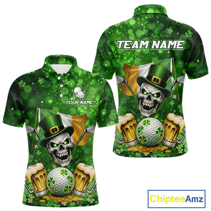 Custom Funny Skull Golf and Beer Ireland Flag Green St Patrick Team Polo shirts for Men, golfing gift NQS11485