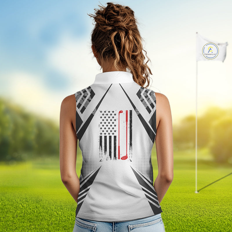 Black & White Golf Heartbeat US Flag Sleeveless Golf Polo Shirt Custom Patriotic ladies golf attire NQS11754