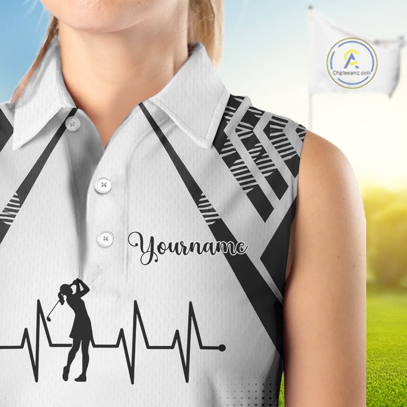 Black & White Golf Heartbeat US Flag Sleeveless Golf Polo Shirt Custom Patriotic ladies golf attire NQS11754