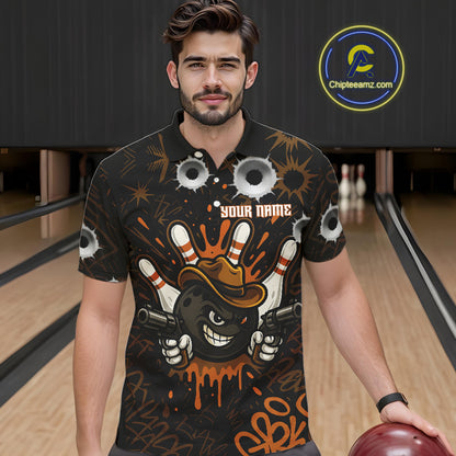 Funny Black and Orange Bowling Cowboy gun Men bowling polo, 1/4 zip shirts Custom bowling team jersey NQS10688