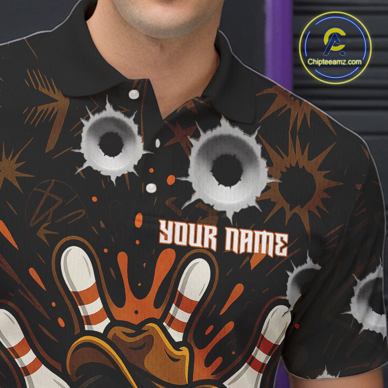 Funny Black and Orange Bowling Cowboy gun Men bowling polo, 1/4 zip shirts Custom bowling team jersey NQS10688