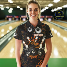 Load image into Gallery viewer, Funny Black &amp; Orange Bowling Cowboy gun Women bowling polo, 1/4 zip shirt Custom bowling team jersey NQS10688