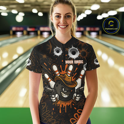 Funny Black & Orange Bowling Cowboy gun Women bowling polo, 1/4 zip shirt Custom bowling team jersey NQS10688