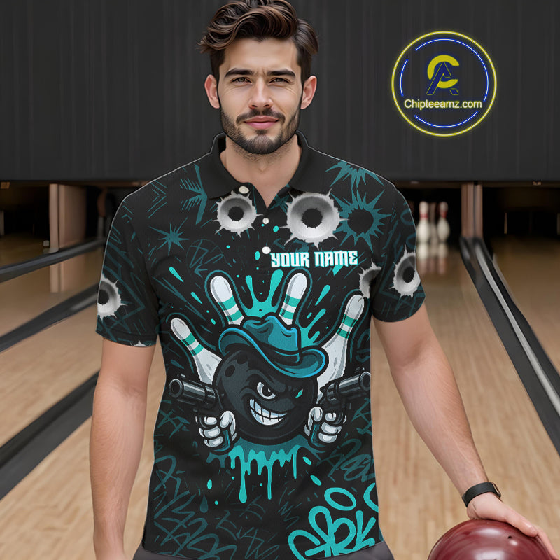 Black and Cyan Blue Bowling Cowboy gun Men bowling polo, 1/4 zip shirts Custom bowling team jersey NQS10689