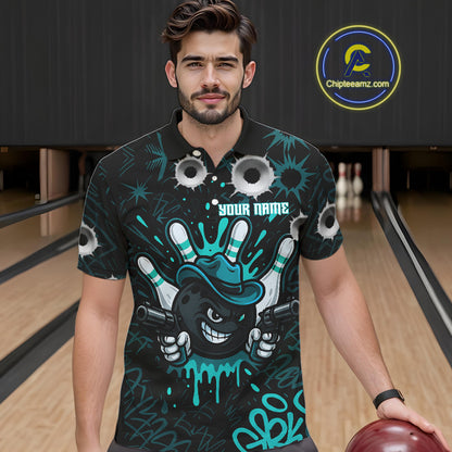 Black and Cyan Blue Bowling Cowboy gun Men bowling polo, 1/4 zip shirts Custom bowling team jersey NQS10689