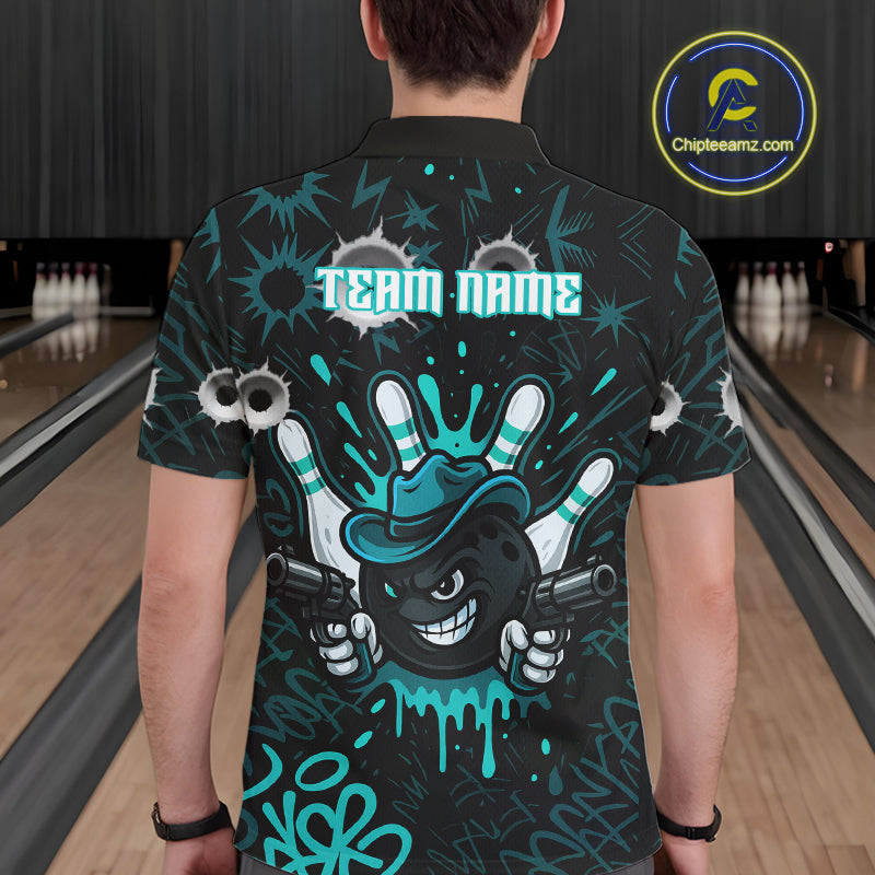 Black and Cyan Blue Bowling Cowboy gun Men bowling polo, 1/4 zip shirts Custom bowling team jersey NQS10689