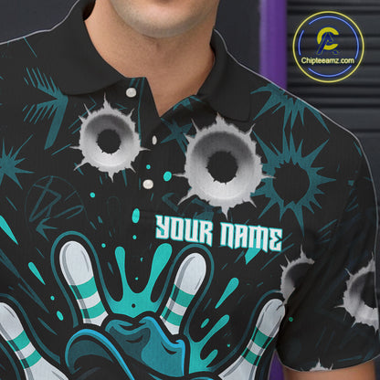 Black and Cyan Blue Bowling Cowboy gun Men bowling polo, 1/4 zip shirts Custom bowling team jersey NQS10689