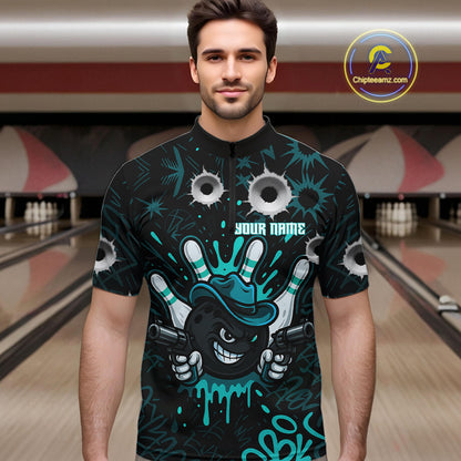 Black and Cyan Blue Bowling Cowboy gun Men bowling polo, 1/4 zip shirts Custom bowling team jersey NQS10689