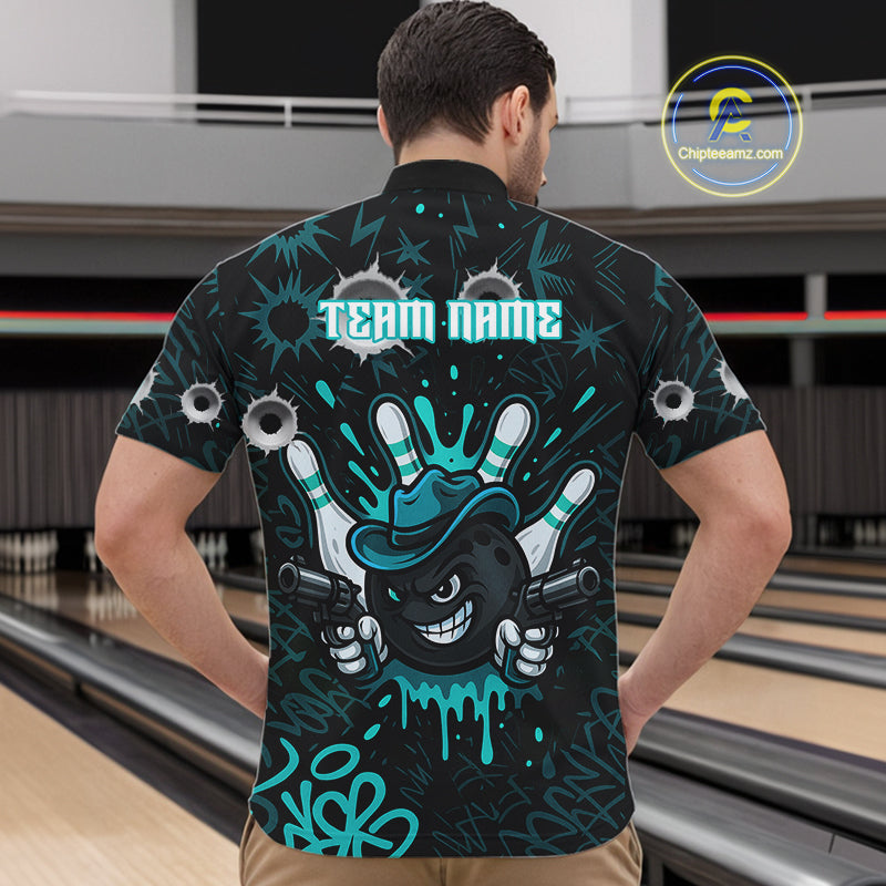 Black and Cyan Blue Bowling Cowboy gun Men bowling polo, 1/4 zip shirts Custom bowling team jersey NQS10689