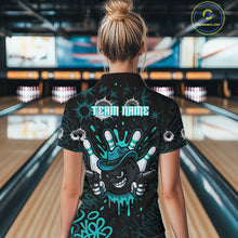 Load image into Gallery viewer, Black and Cyan Blue Bowling Cowboy gun Women bowling polo, 1/4 zip shirt Custom bowling team jersey NQS10689