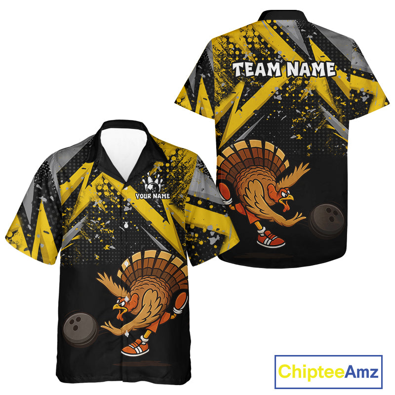 Custom Funny Turkey Bowling Jersey Black & Yellow Thanksgiving Bowling Team Hawaiian Shirt NQS10900