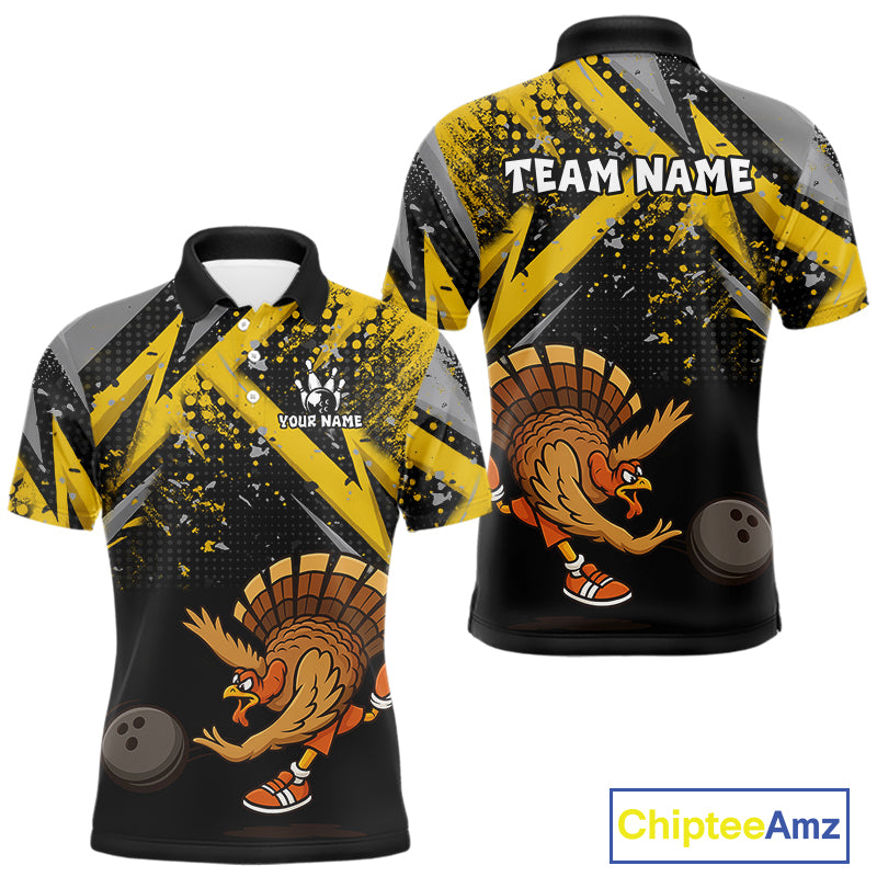 Custom Funny Turkey Bowling Jersey Black and Yellow Thanksgiving Bowling Team Men Polo, 1/4 Zip Shirt NQS10900