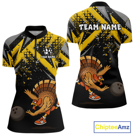 Custom Funny Turkey Bowling Jersey Black & Yellow Thanksgiving Bowling Team Women Polo, 1/4 Zip Shirt NQS10900
