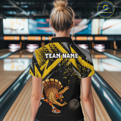 Custom Funny Turkey Bowling Jersey Black & Yellow Thanksgiving Bowling Team Women Polo, 1/4 Zip Shirt NQS10900