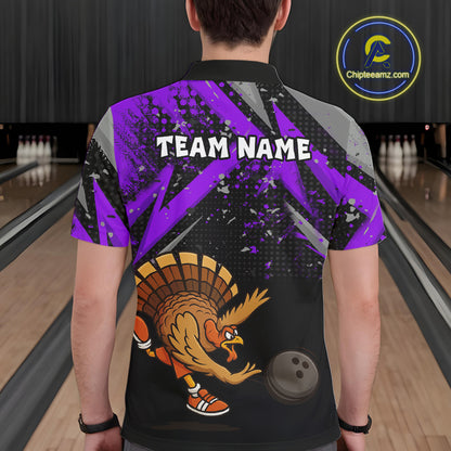 Custom Funny Turkey Bowling Jersey Black and Purple Thanksgiving Bowling Team Men Polo, 1/4 Zip Shirt NQS10901