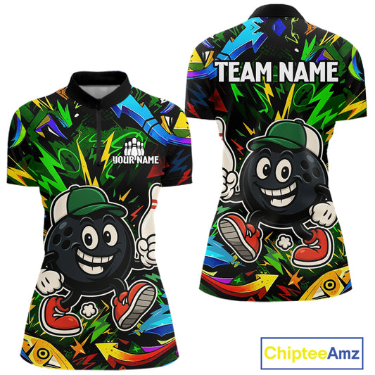 Green graffiti pattern Funny Bowling polo, quarter zip shirts for women custom Bowling team jerseys NQS11079