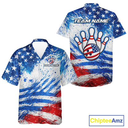 Red, White & Blue American Flag Bowling Hawaiian Shirt Custom patriotic Team Bowling Button-up shirt NQS11505