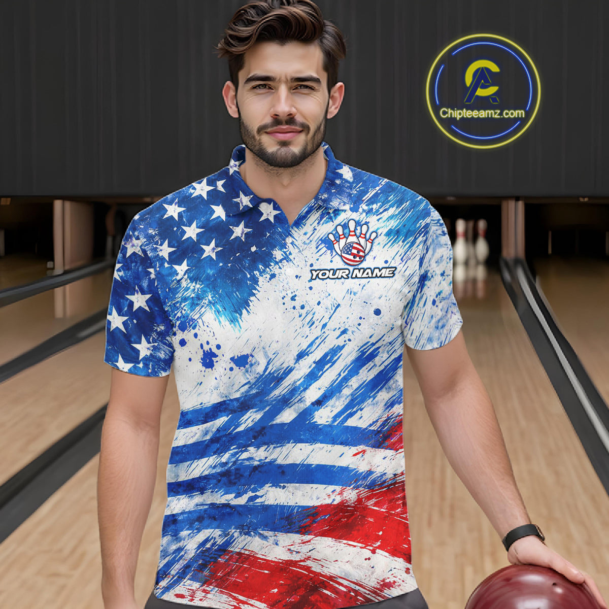 Red, White and Blue American Flag Bowling Shirts For Men Custom patriotic Team Bowling Jerseys NQS11505