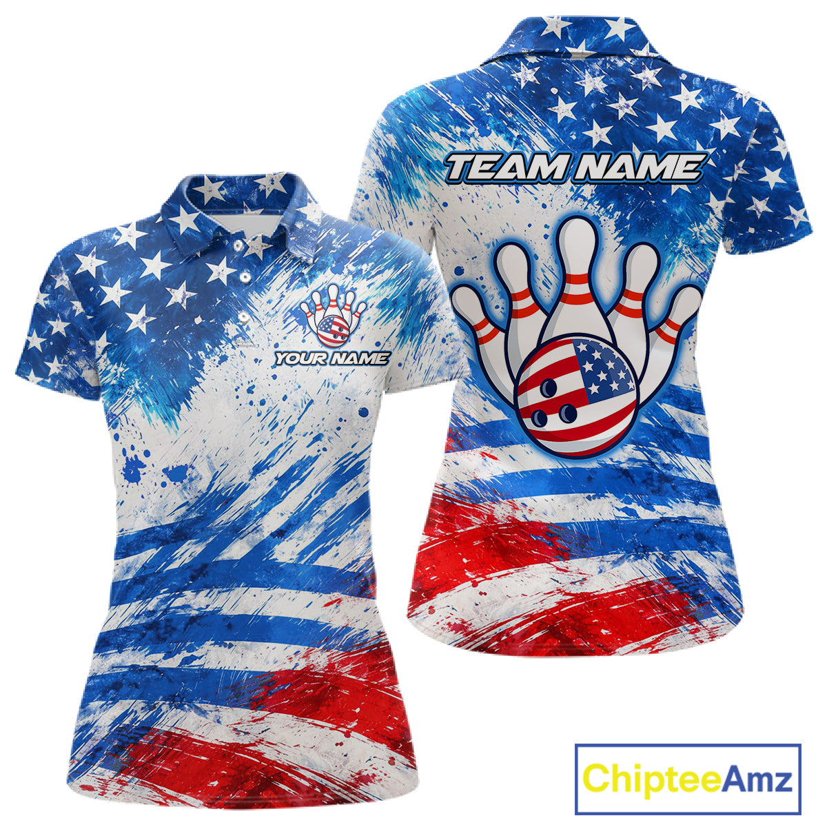 Red, White and Blue American Flag Bowling Shirts For Women Custom patriotic Team Bowling Jerseys NQS11505