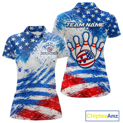 Red, White and Blue American Flag Bowling Shirts For Women Custom patriotic Team Bowling Jerseys NQS11505
