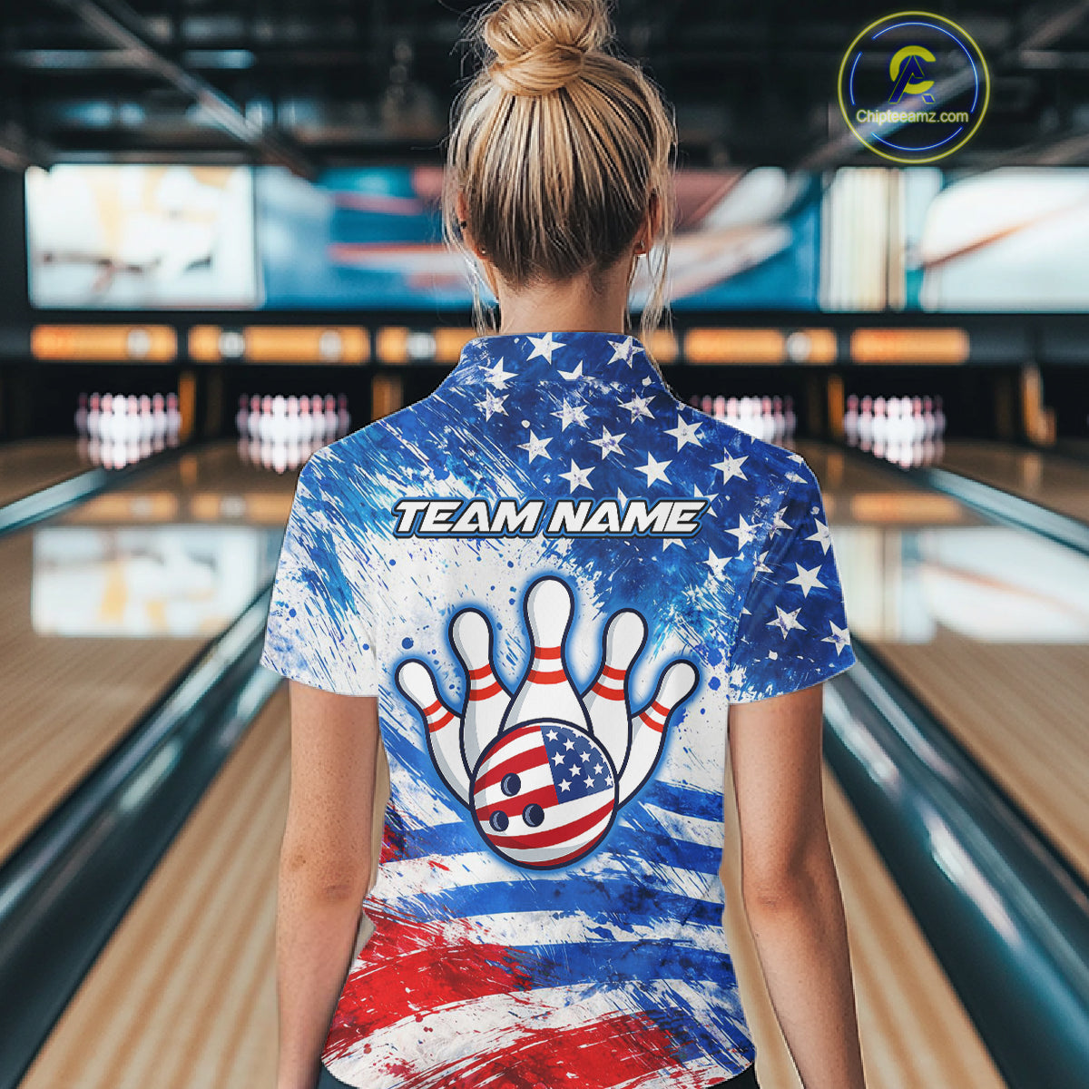 Red, White and Blue American Flag Bowling Shirts For Women Custom patriotic Team Bowling Jerseys NQS11505
