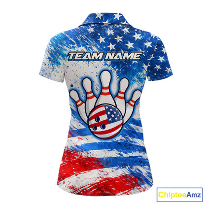 Red, White and Blue American Flag Bowling Shirts For Women Custom patriotic Team Bowling Jerseys NQS11505