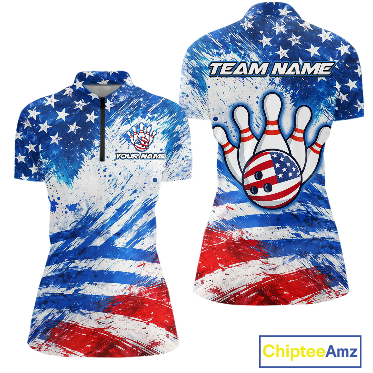 Red, White and Blue American Flag Bowling Shirts For Women Custom patriotic Team Bowling Jerseys NQS11505