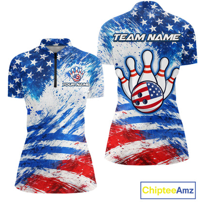 Red, White and Blue American Flag Bowling Shirts For Women Custom patriotic Team Bowling Jerseys NQS11505